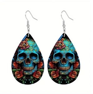 Sugar Skull Faux Leather Earrings‎ Blue Pop Art Dangle Teardrop Gothic Jewelry